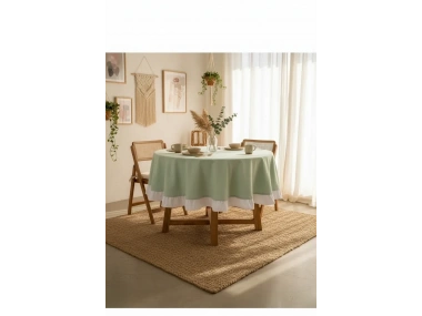 Yeşil Keten YUVARLAK (Beyaz) FIRFIRLI Masa Örtüsü