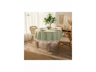 Yeşil Keten YUVARLAK (Beyaz) FIRFIRLI Masa Örtüsü