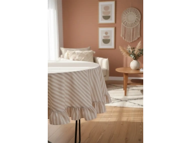 Sütlü Kahve Çizgili Keten YUVARLAK FIRFIRLI Masa Örtüsü