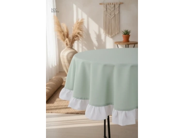 Yeşil Keten YUVARLAK (Beyaz) FIRFIRLI Masa Örtüsü