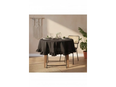 Siyah Keten YUVARLAK FIRFIRLI Masa Örtüsü