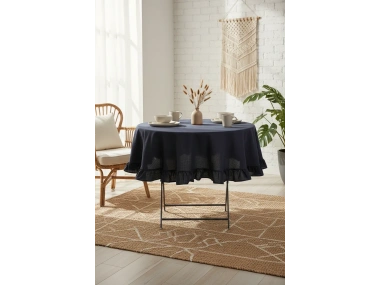 Siyah Keten YUVARLAK FIRFIRLI Masa Örtüsü