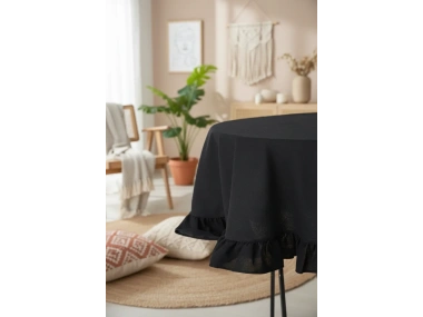 Siyah Keten YUVARLAK FIRFIRLI Masa Örtüsü