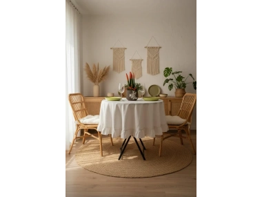 Ham Keten Krem FIRFIRLI Yuvarlak Masa Örtüsü