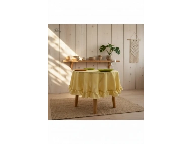 Sarı Keten Fırfırlı Yuvarlak Masa Örtüsü