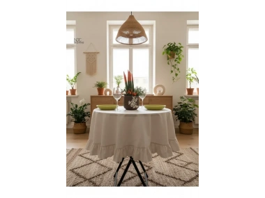 Ham Keten Krem FIRFIRLI Yuvarlak Masa Örtüsü