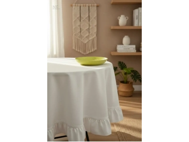 Ham Keten Krem FIRFIRLI Yuvarlak Masa Örtüsü