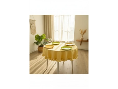 Sarı Keten Fırfırlı Yuvarlak Masa Örtüsü