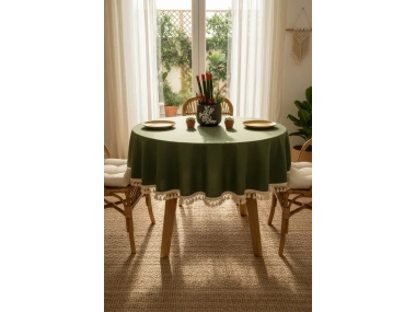 Premium Keten HAKİ Yuvarlak HAM PONPONLU Masa Örtüsü