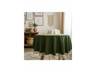 Premium Keten HAKİ Yuvarlak HAM PONPONLU Masa Örtüsü