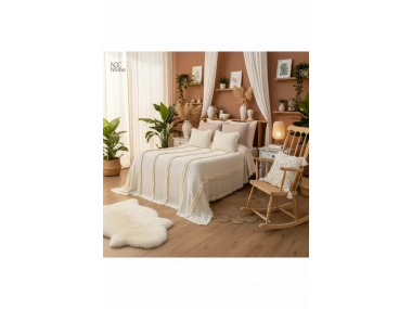 Krem Örgü Dantelli Ve Püsküllü Çift Kişilik Yatak Örtüsü (220 x 240)