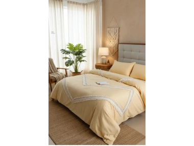 Sarı Renkli Pamuk Çift Ponponlu Battal Boy Nevresim Seti