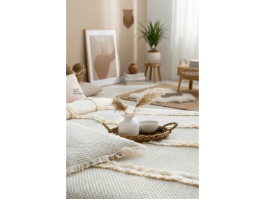 Krem Örgü Dantelli Ve Püsküllü Çift Kişilik Yatak Örtüsü (220 x 240)