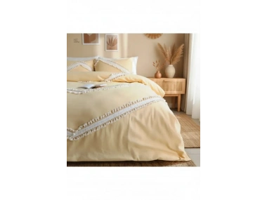 Sarı Renkli Pamuk Çift Ponponlu Battal Boy Nevresim Seti