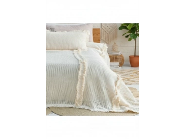 Krem Örgü Dantelli Ve Püsküllü Çift Kişilik Yatak Örtüsü (220 x 240)