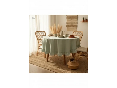 Premium Keten Adaçayı Yeşil FIRFIRLI YUVARLAK Masa Örtüsü