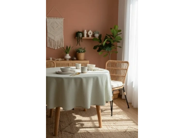 Keten Adaçayı Yeşil Yuvarlak DÜZ Masa Örtüsü