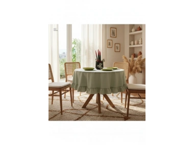 Premium Keten Adaçayı Yeşil FIRFIRLI YUVARLAK Masa Örtüsü