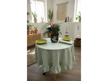 Premium Keten Adaçayı Yeşil FIRFIRLI YUVARLAK Masa Örtüsü
