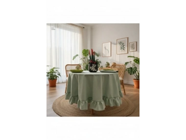 Premium Keten Adaçayı Yeşil FIRFIRLI YUVARLAK Masa Örtüsü