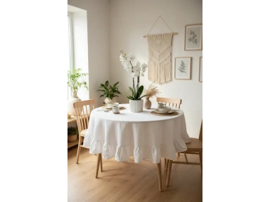 Premium Beyaz Keten Fırfırlı Yuvarlak Masa Örtüsü