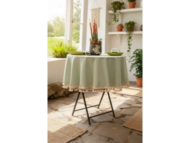 Premium Keten Adaçayı Yeşil YUVARLAK Ham Ponponlu Masa Örtüsü