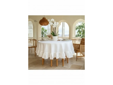 Premium Beyaz Keten Fırfırlı Yuvarlak Masa Örtüsü