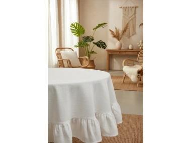 Premium Beyaz Keten Fırfırlı Yuvarlak Masa Örtüsü