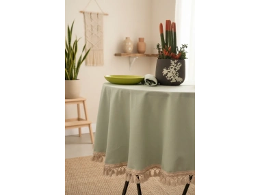 Premium Keten Adaçayı Yeşil YUVARLAK Ham Ponponlu Masa Örtüsü