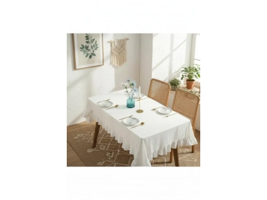 Premium Keten Beyaz Fırfırlı Masa Örtüsü