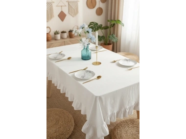 Premium Keten Beyaz Fırfırlı Masa Örtüsü