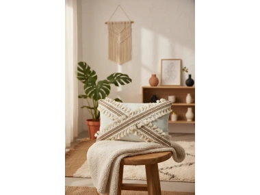 Ham Keten Krem Çapraz Kahve Dantelli Ponponlu Kırlent Kırlent Kılılfı (35 x 55)