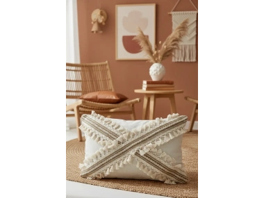 Ham Keten Krem Çapraz Kahve Dantelli Ponponlu Kırlent Kırlent Kılılfı (35 x 55)