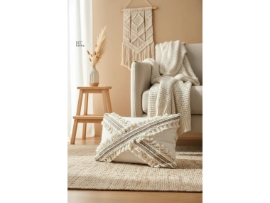 Ham Keten Krem Çapraz Kahve Dantelli Ponponlu Kırlent Kırlent Kılılfı (35 x 55)