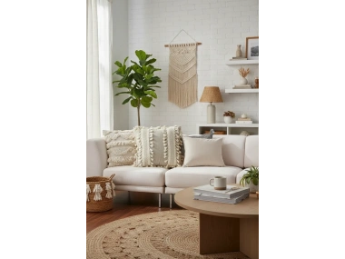 Bej Keten Kalın Dantel Ponponlu Kırlent Kırlent Kılıfı(43 X 43)