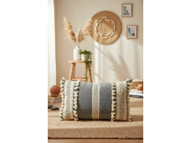 Keten Gri Antrasit Ham Dantel Kırlent Kırlent Kılıfı(35 x 55)