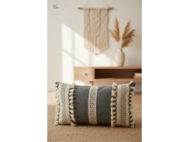 Keten Gri Antrasit Ham Dantel Kırlent Kırlent Kılıfı(35 x 55)