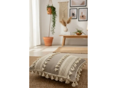 Bej Keten Kalın Dantel Ponponlu Kırlent Kırlent Kılıfı(43 X 43)