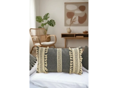 Keten Gri Antrasit Ham Dantel Kırlent Kırlent Kılıfı(35 x 55)