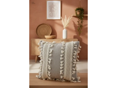 Bej Keten Kalın Dantel Ponponlu Kırlent Kırlent Kılıfı(43 X 43)