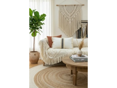 Keten Krem Siyah Şeritli Püsküllü Kırlent Kırlent Kılıfı(35 X 55 )