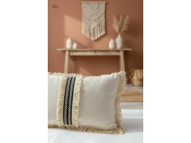 Keten Krem Siyah Şeritli Püsküllü Kırlent Kırlent Kılıfı(35 X 55 )