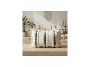 Keten Krem Üç Püsküllü Kırlent Kırlent Kılıfı (35 x 55)