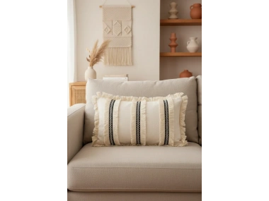 Keten Krem Üç Püsküllü Kırlent Kırlent Kılıfı (35 x 55)