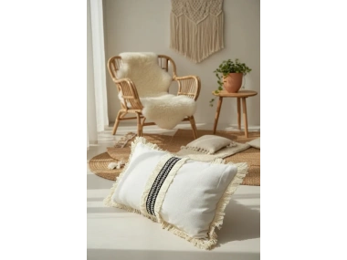 Keten Krem Siyah Şeritli Püsküllü Kırlent Kırlent Kılıfı(35 X 55 )