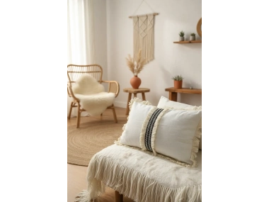 Keten Krem Siyah Şeritli Püsküllü Kırlent Kırlent Kılıfı(35 X 55 )