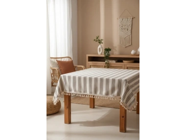 Buldan Dokuması Keten Kahverengi Çizgili Ponponlu Masa Örtüsü