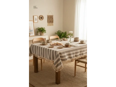 Buldan Dokuması Keten Kahverengi Çizgili Ponponlu Masa Örtüsü