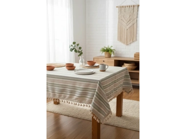 Buldan Dokuması Keten Renkli Çizgili Ponponlu Masa Örtüsü