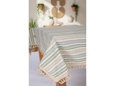 Buldan Dokuması Keten Renkli Çizgili Ponponlu Masa Örtüsü